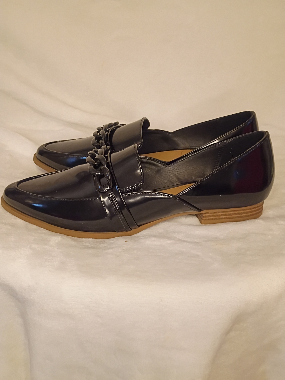 Black Patent Pointed Toe Chain Loafers - Picture 6 of 13